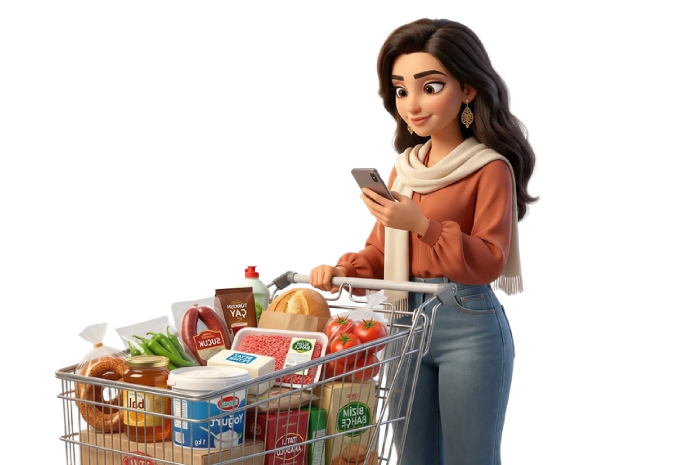 Uygulaması açmış çok iyi olan o anı markette sepeti ittiriyor bayan resmi.